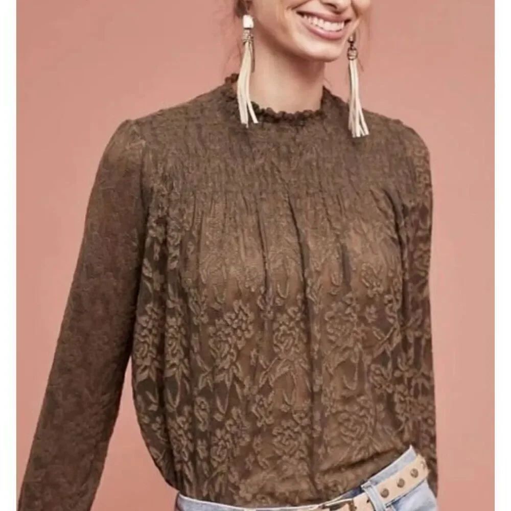DELETTA Anthropologie Amanna Lace Smocked Olive Tunic Blouse Top sz L